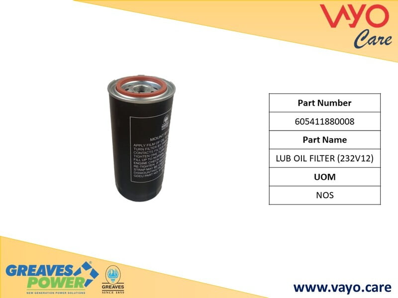 LUB OIL FILTER (232V12) - 605411880008 - GREAVES